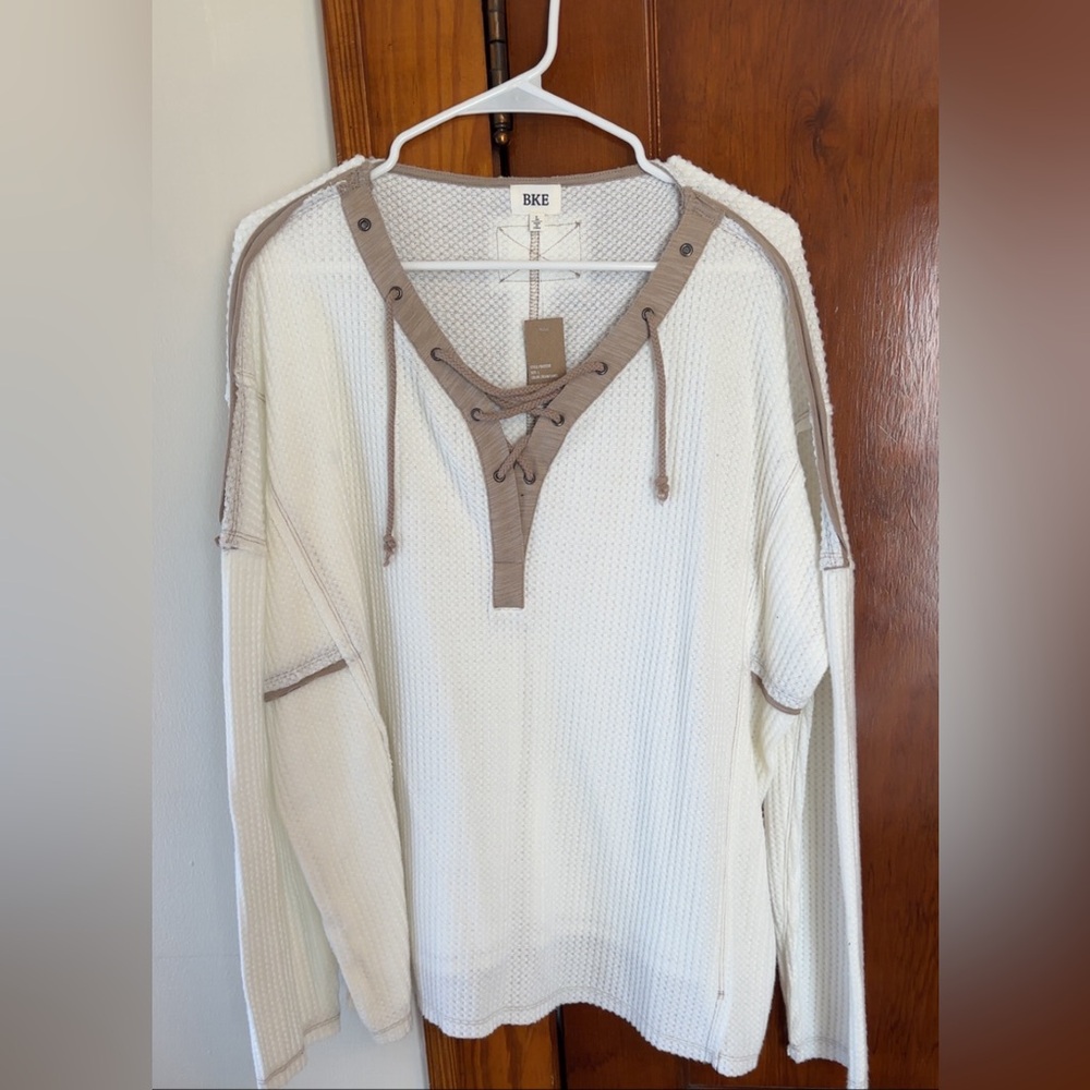 Cream and Tan Lace-Up Sweater